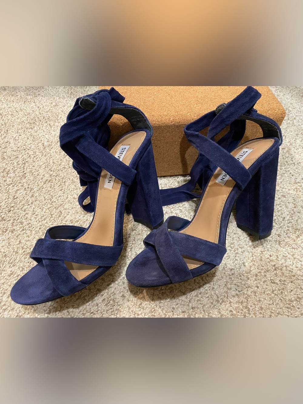 Steve Madden Christey Navy Suede Ankle Wrap Block Heel Sandals, Sz. 6